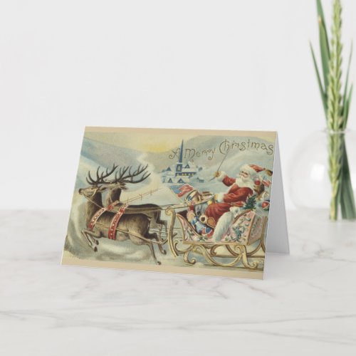 Vintage Santas Sleigh with American Flags Holiday Card