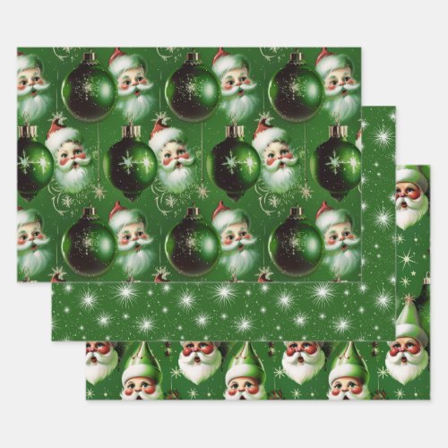 Vintage Santas Starry Green Delight  Wrapping Paper Sheets