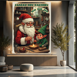 Vintage Santa's Toy Factory Elf Helper in Workshop Poster