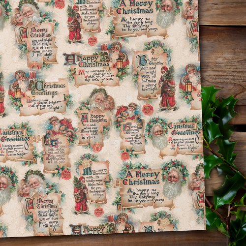 Vintage Santas with Christmas Greetings  Holly Wrapping Paper