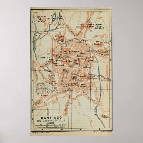 Vintage Santiago de Compostela Spain Map 1913 Poster