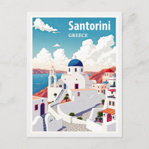 Vintage Santorini Greece Blue Church Travel Postcard