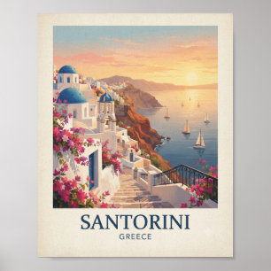 Vintage Santorini Greece Travel Poster Mediterra
