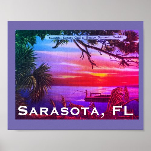 Vintage Sarasota FL Beach Sunset _ Gulf of Mexico Poster