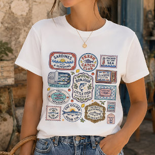 Vintage Sardine Collage Fisherman Core Graphic T-Shirt