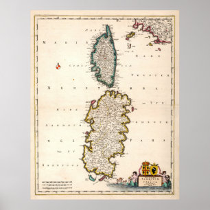 Vintage Sardinia and Corsica Map (1682) Poster