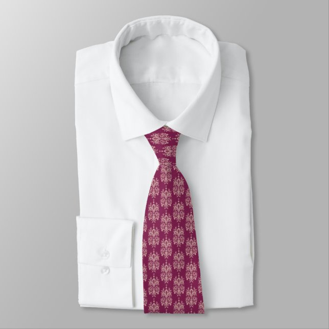 Vintage Satin Burgundy & Pink Damask Necktie (Tied)