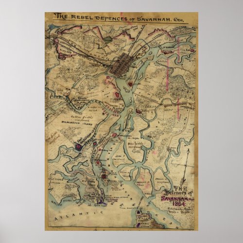 Vintage Savannah Georgia Civil War Map 1864 Poster