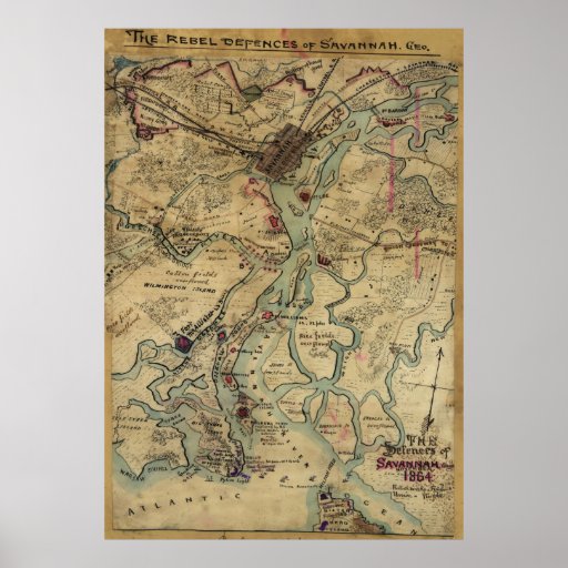 Vintage Savannah Georgia Civil War Map (1864) Poster