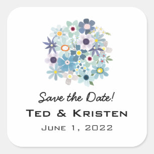 Vintage Save Date Victorian Blue Flower Bouquet Square Sticker