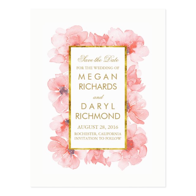 Vintage Save The Date - Gold And Blush Floral Postcard