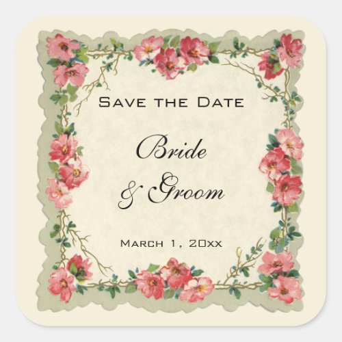 Vintage Save the Date Pink Flowers Floral Roses Square Sticker