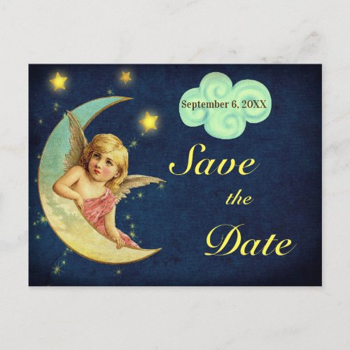 Vintage Save the Date Star Moon Angel Wings Cherub Announcement Postcard