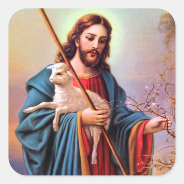 Vintage Savior Jesus The Shepherd Square Sticker (Front)