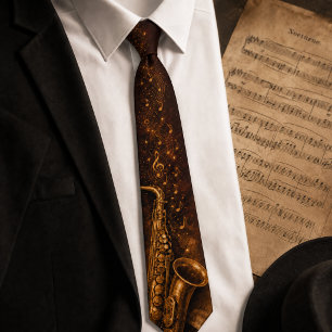 Vintage Saxophone & Musical Notes Dark Mahogany Neck Tie