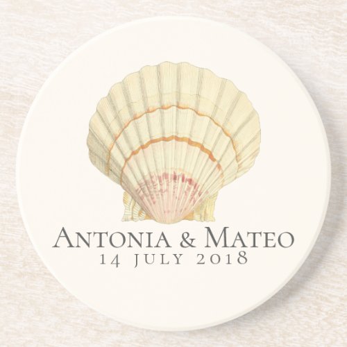 Vintage Scallop Seashell Wedding Anniversary Sandstone Coaster