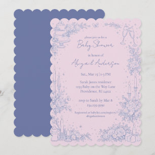 Vintage Scalloped Blue & Pink Baby Shower  Invitation