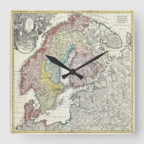 Vintage Scandinavia Map Square Wall Clock