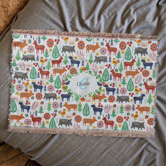 Vintage Scandinavian Folk Art Monogram Pattern Throw Blanket (Creator Uploaded)