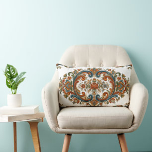 Vintage Scandinavian Rosemaling Floral Pattern Lumbar Pillow