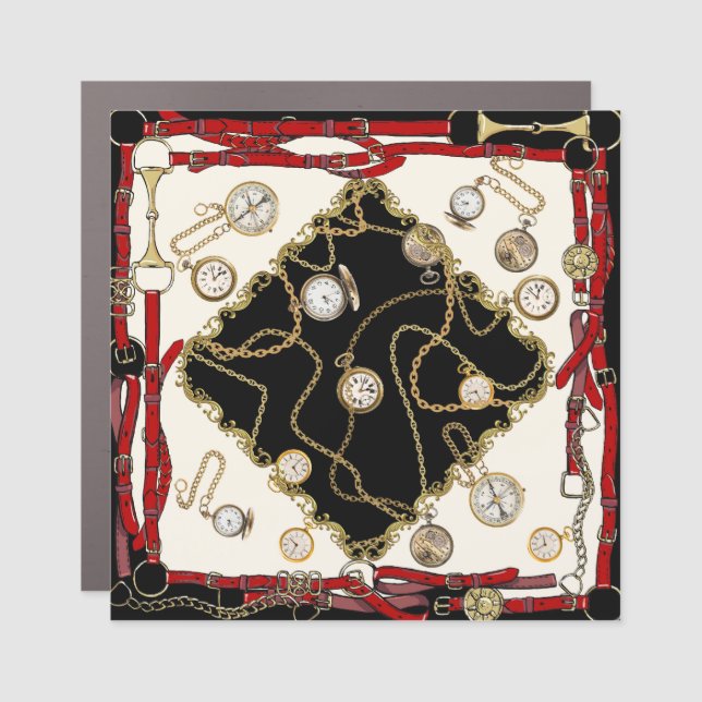 Vintage Scarf: Chain Clock Pattern Car Magnet (Front)