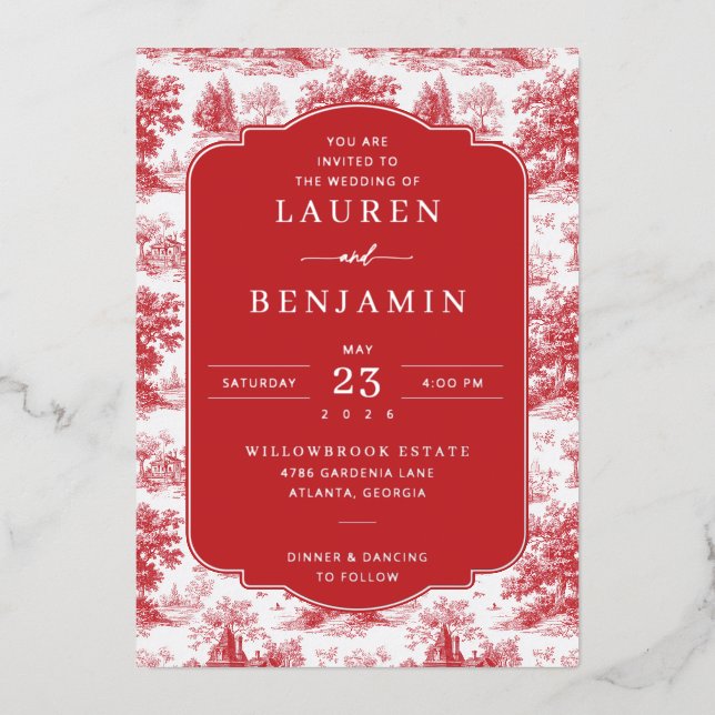 Vintage Scarlet Château Wedding Foil Invitation (Front)