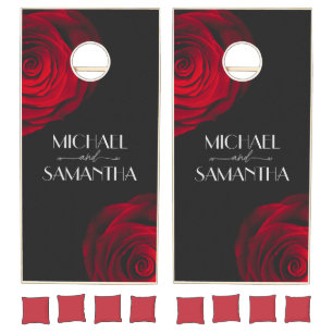 Vintage scarlet red rose petal flower wedding cornhole set