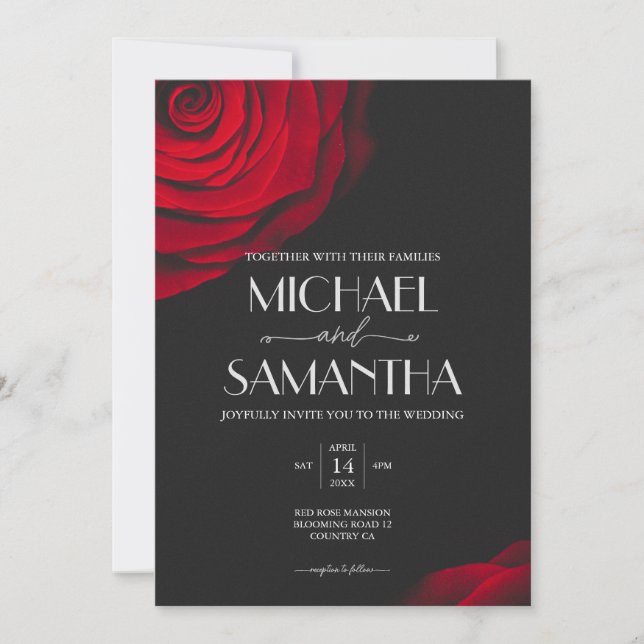 Vintage scarlet red rose petal flower wedding invitation (Front)