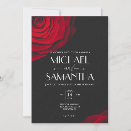 Vintage scarlet red rose petal flower wedding invitation