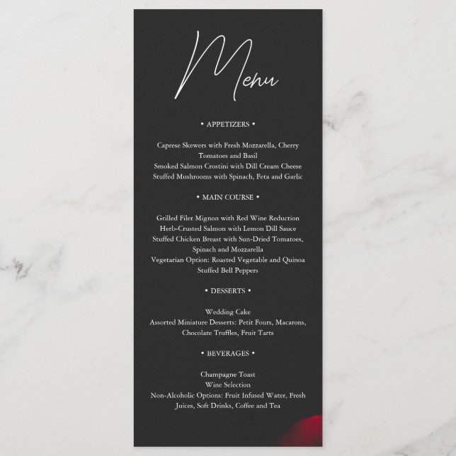 Vintage scarlet red rose petal flower wedding menu (Back)