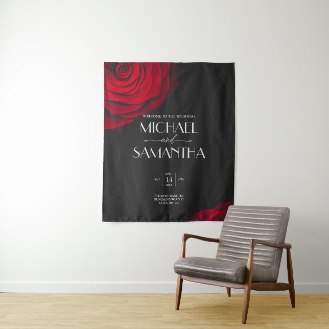 Vintage scarlet red rose petal flower wedding tapestry (In Situ)