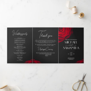 Vintage scarlet red rose petal flower wedding Tri-Fold program