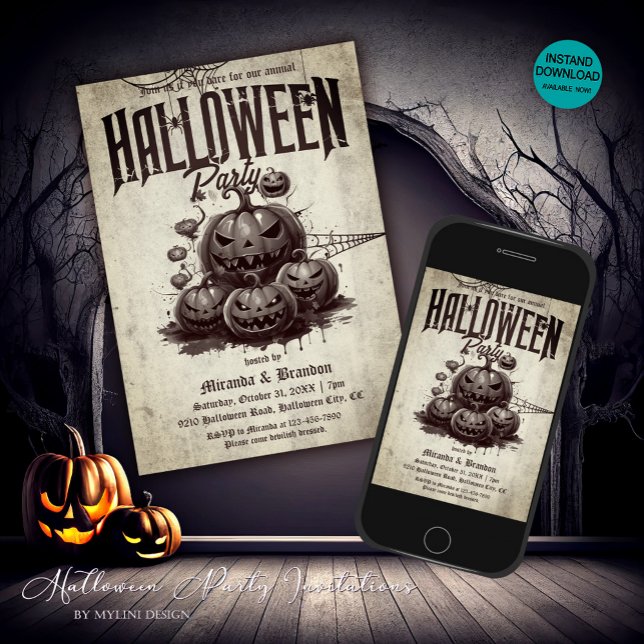 Vintage Scarry Pumpkins Adult Halloween Party  Invitation (Creator Uploaded)