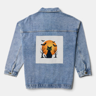 Vintage Scary Christmas Cat Costume Retro Cat Moon Denim Jacket