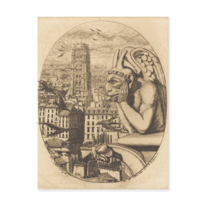 Vintage scary gargoyle looking over city postcard