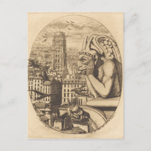 Vintage scary gargoyle looking over city postcard