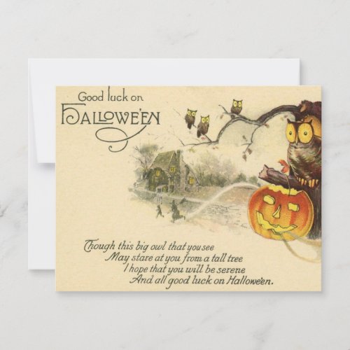 Vintage Scary Owl Jack O Lantern Witches Halloween Note Card