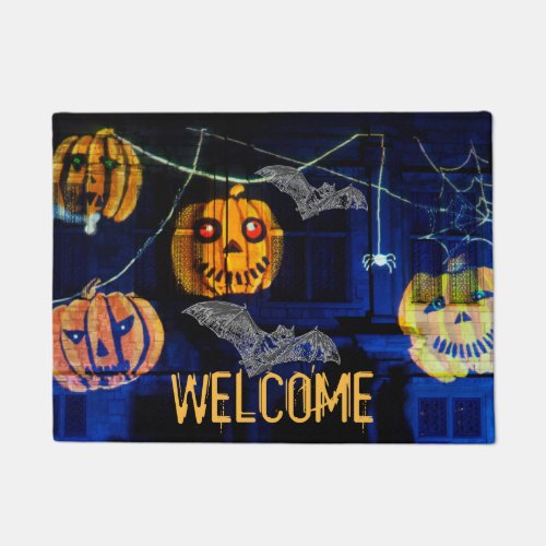 Vintage Scary Spooky Orange Pumpkin Navy Doormat