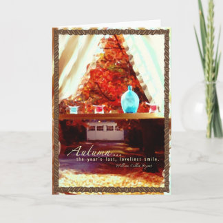 Vintage scene from window of sunlit autumn leaves card