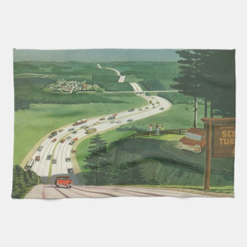 Vintage Scenic American Highways Cars Road Trip Kitchen Towel