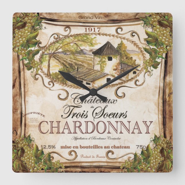 Vintage Scenic French Wine Label Wall Clock (Front)