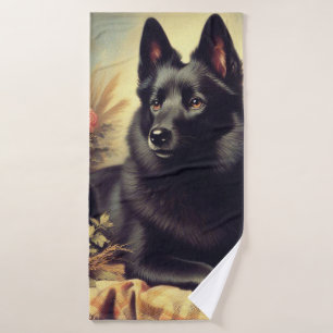 Vintage Schipperke Dog Painting Bath Towel