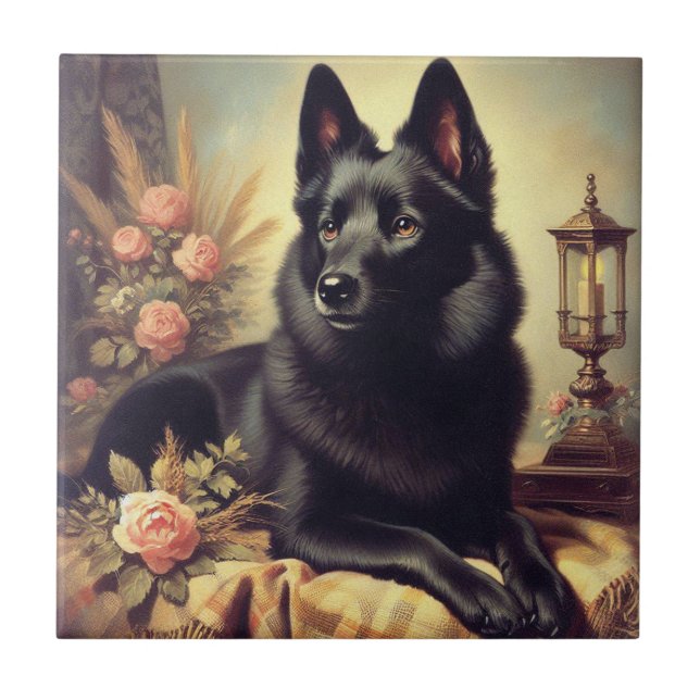 Vintage Schipperke Dog Painting Ceramic Tile (Front)