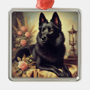 Vintage Schipperke Dog Painting Metal Ornament