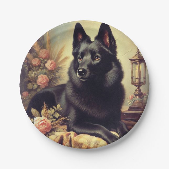 Vintage Schipperke Dog Painting Paper Plates (Front)