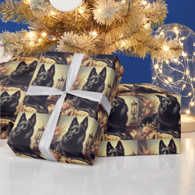 Vintage Schipperke Dog Painting Wrapping Paper (Holidays)