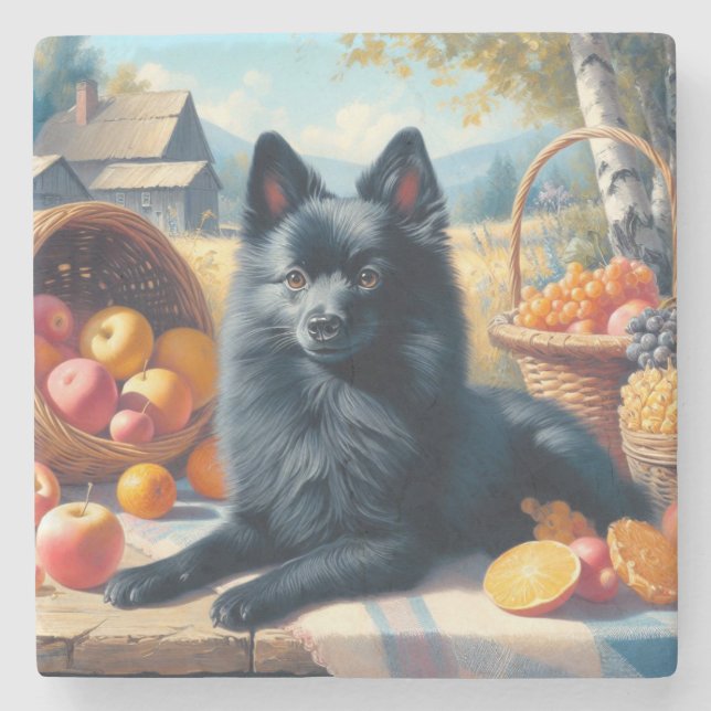 Vintage Schipperke Puppy Painting Stone Coaster (Front)