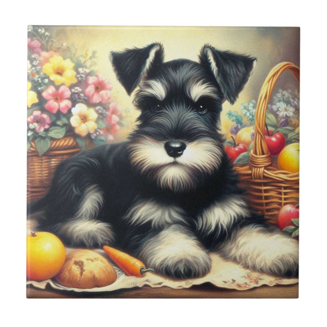 Vintage Schnauzer Painting Ceramic Tile (Front)