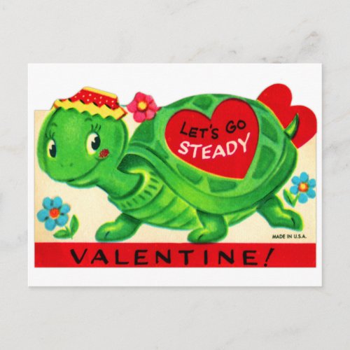 Vintage School Valentine Lets Go Steady Turtle Postcard