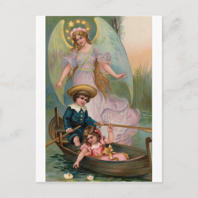 Vintage Schutzengel Kinder und  Boot Postcard (Front)